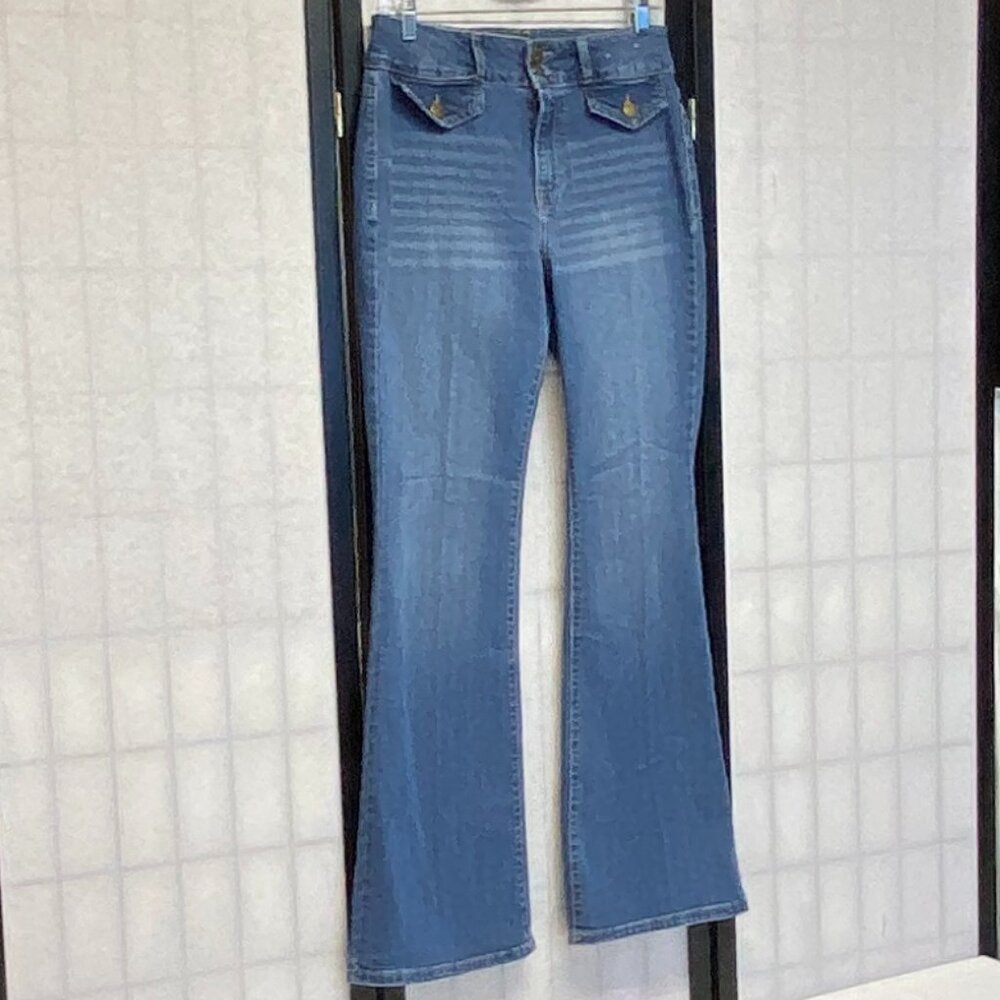 D Jeans High Wide Waistband Bootcut Stretch Denim Jeans Faded Medium Wash 8 - Picture 3 of 12